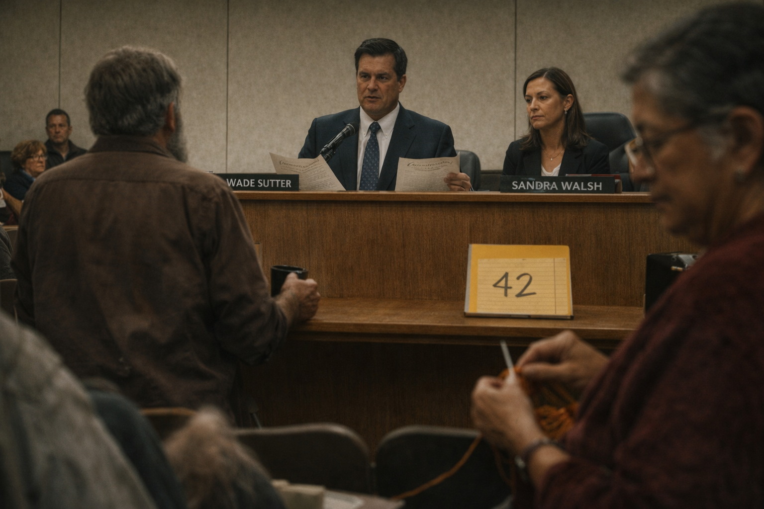 Town council chamber under fluorescent lights during Gil's installation
