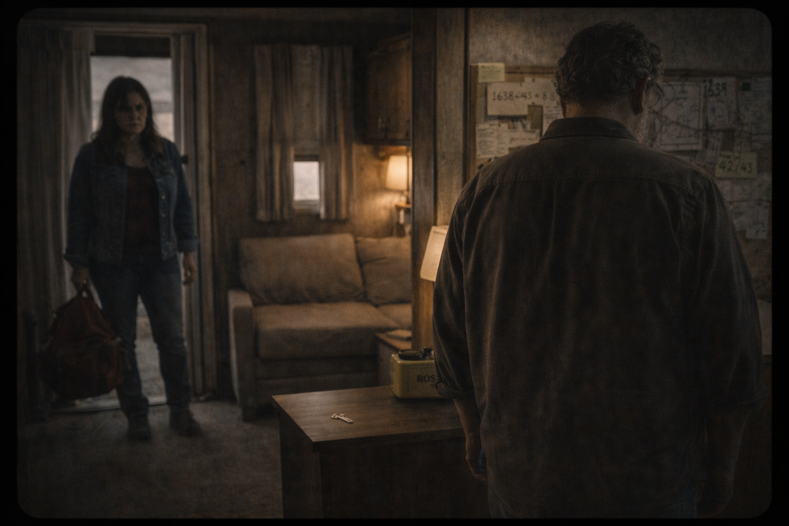 Destiny at the door with her bag, key on the table between them, Gil facing the wall—the moment of departure