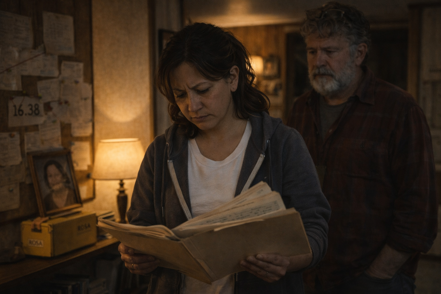 Destiny in the trailer doorway holding a folder of evidence, Gil watching