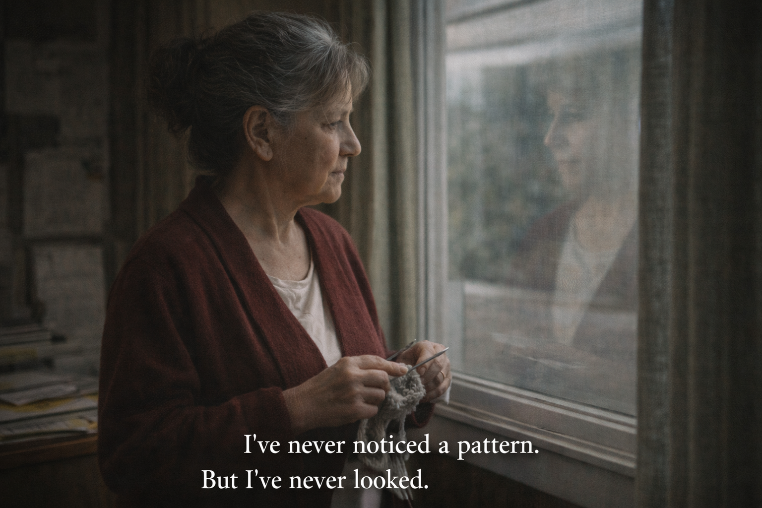 Dolores at window knitting, her reflection watching