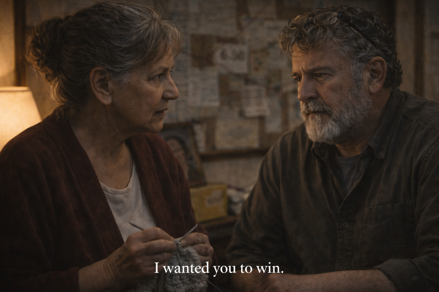 Dolores confessing to Gil in his trailer, still knitting