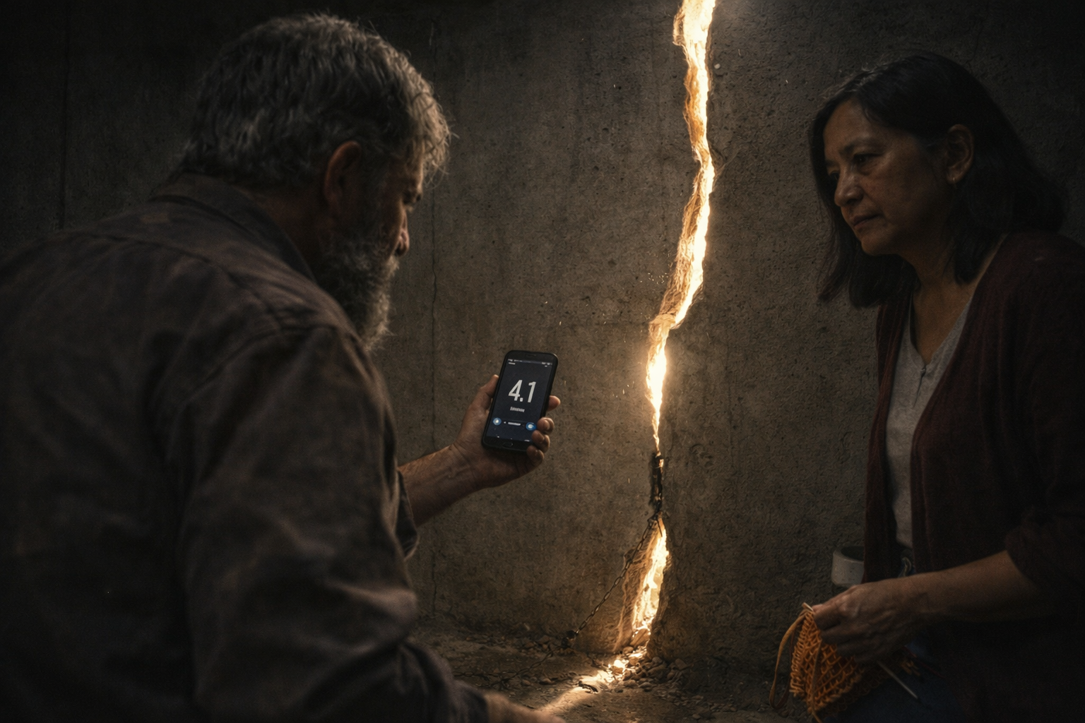Gil and Elena inspect a foundation crack with daylight visible through the split