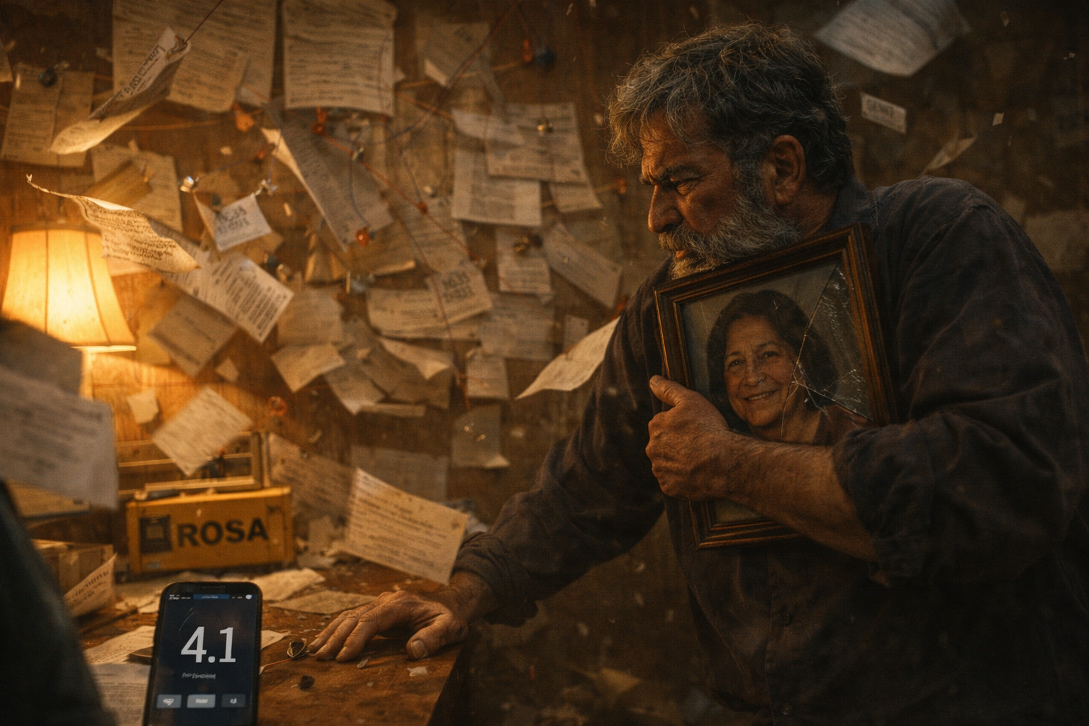 Inside Gil's trailer as an earthquake shakes papers and pushpins loose from the wall