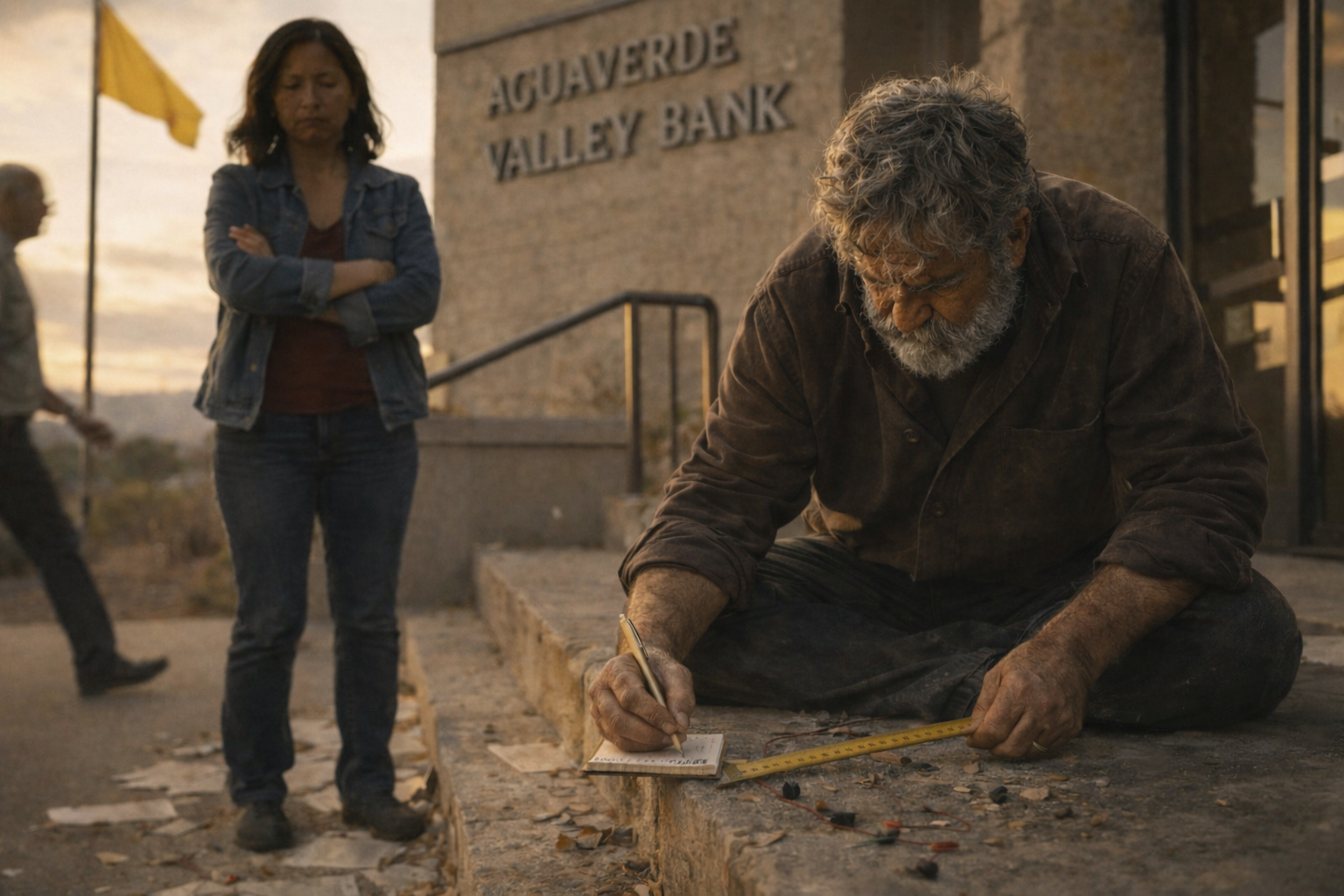 Gil measures worn bank steps with a tape measure while Destiny watches in golden light