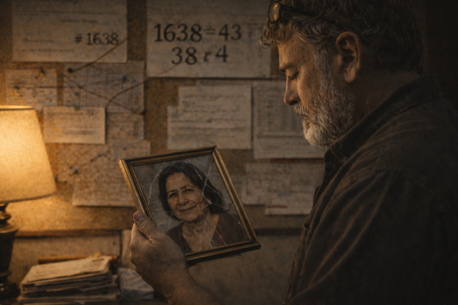 Gil holds Rosa's framed photograph in warm lamplight, speaking to her—the confession