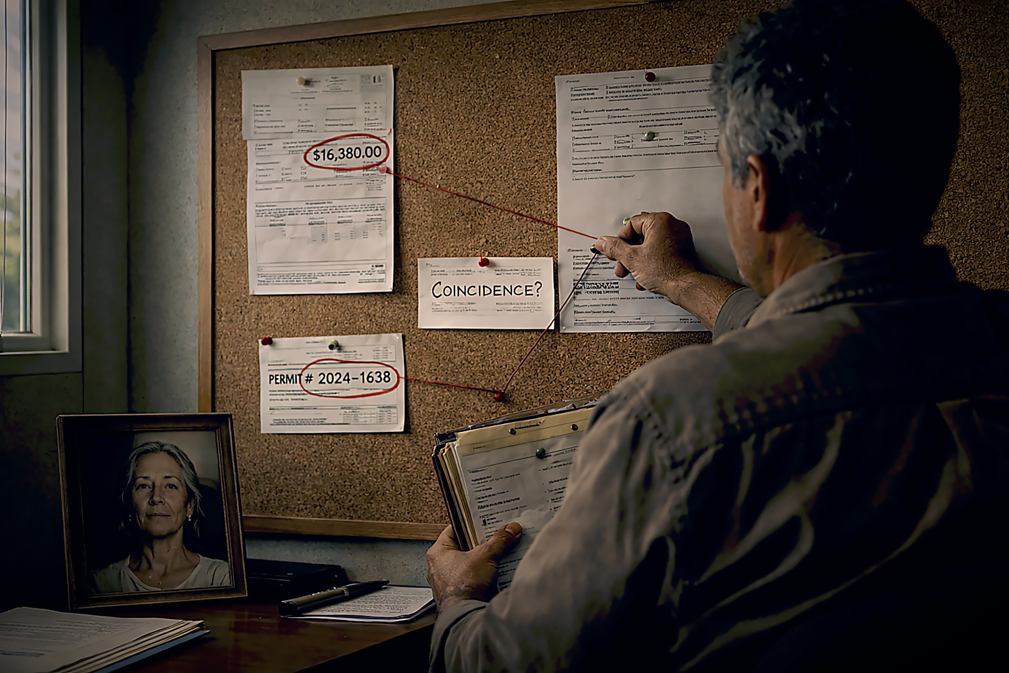 Gil's mayoral office with an investigation board of documents and circled numbers