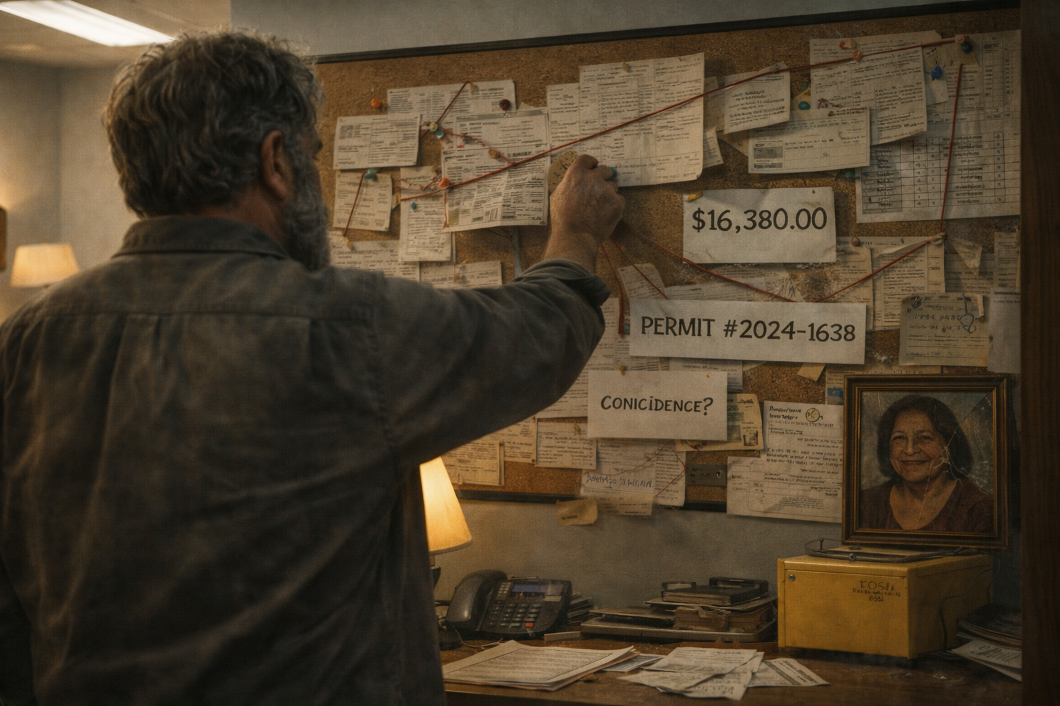 Gil at his mayoral office corkboard, connecting documents with string