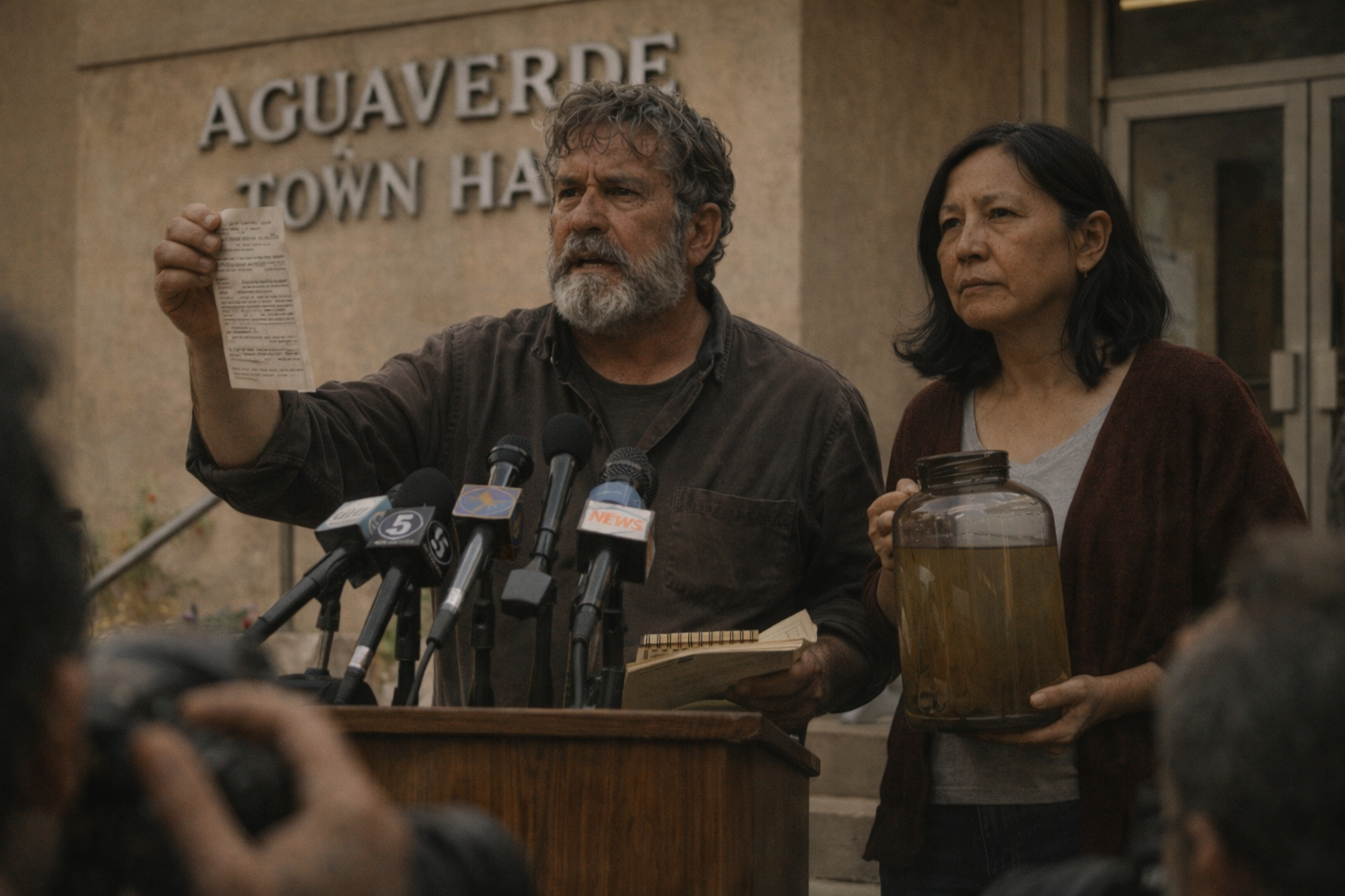 Press conference at Aguaverde Town Hall as the story breaks