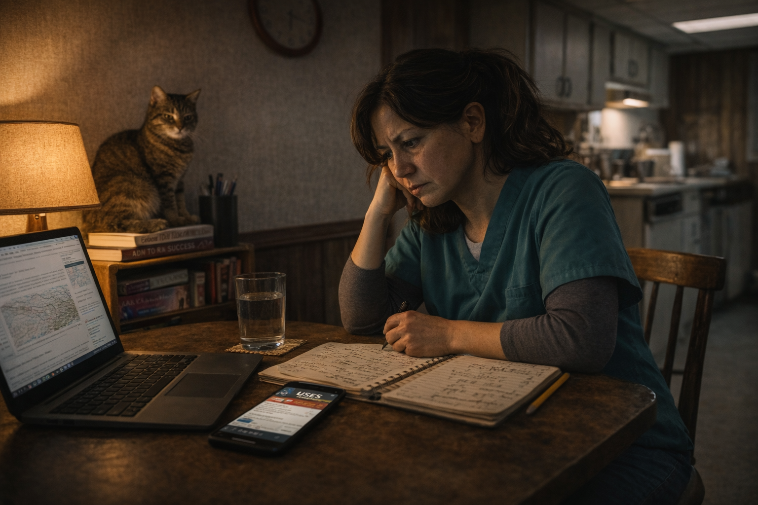 Destiny alone at kitchen table researching, her cat Loretta watching