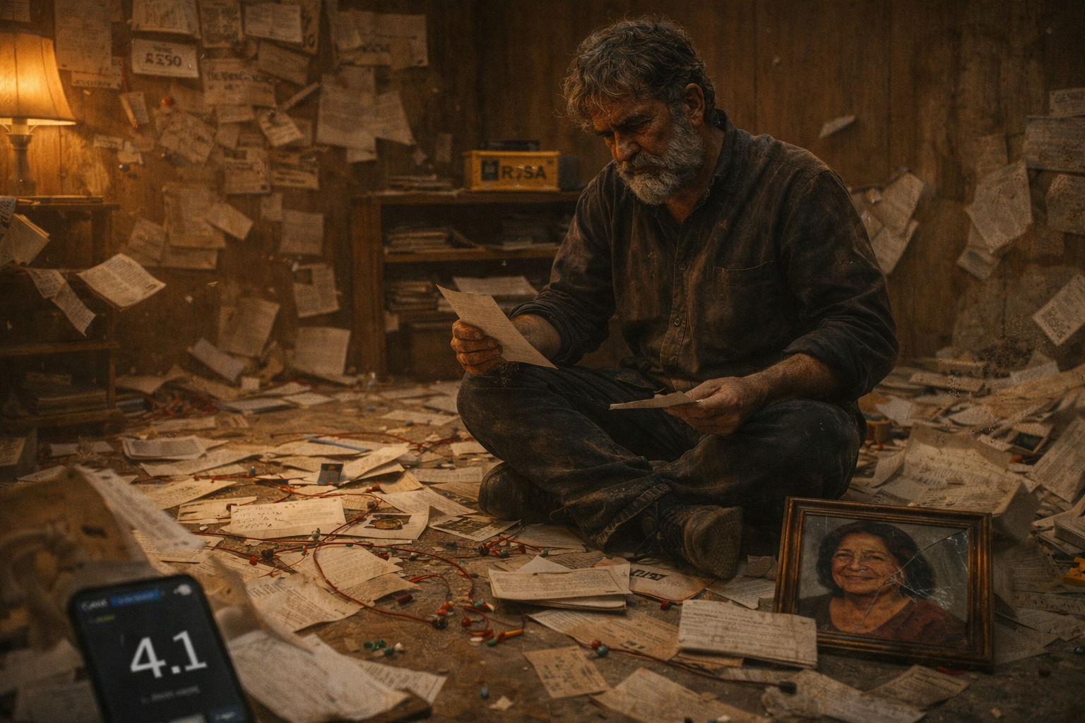 Gil on the floor of his trailer surrounded by torn papers and tangled string, beginning to rebuild what he just destroyed