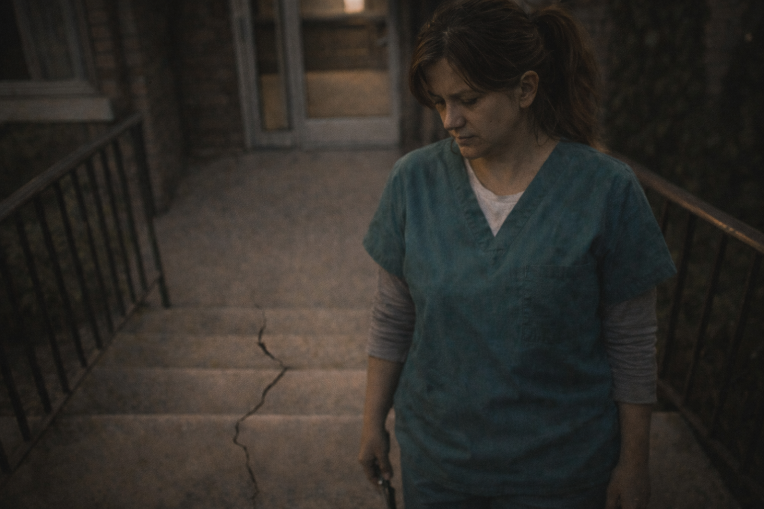 Destiny pauses at her apartment steps in golden hour, staring at a small crack she can't unsee