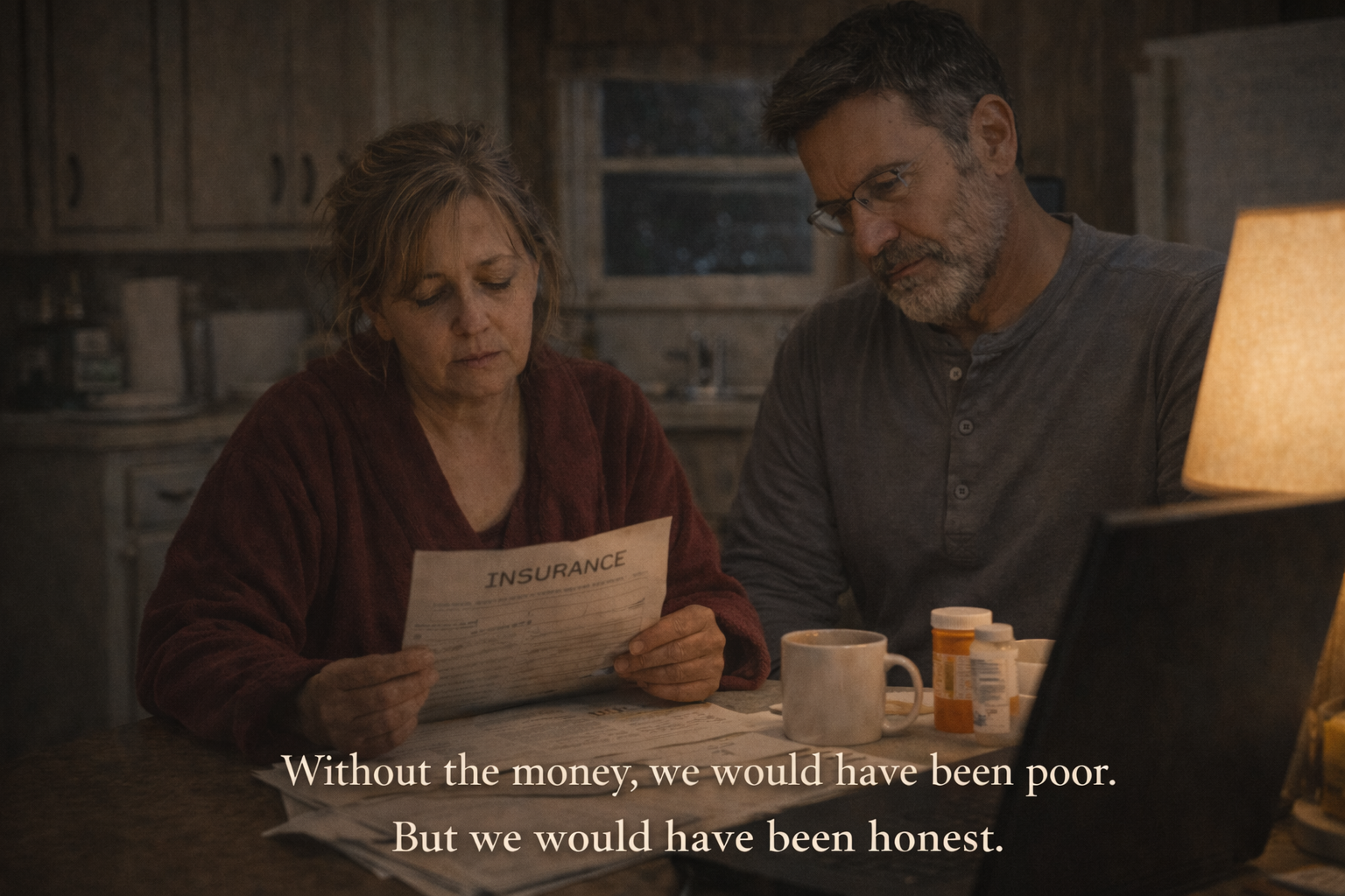 Caroline with insurance papers, Wade watching—the cost of complicity